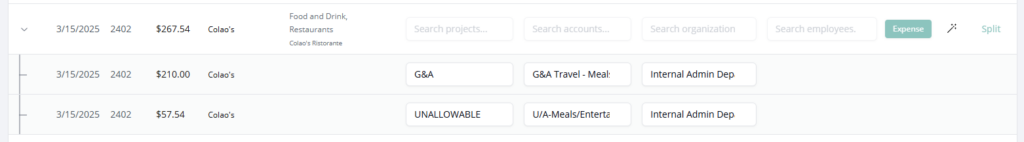 Splitting transactions in Astrata's credit card module